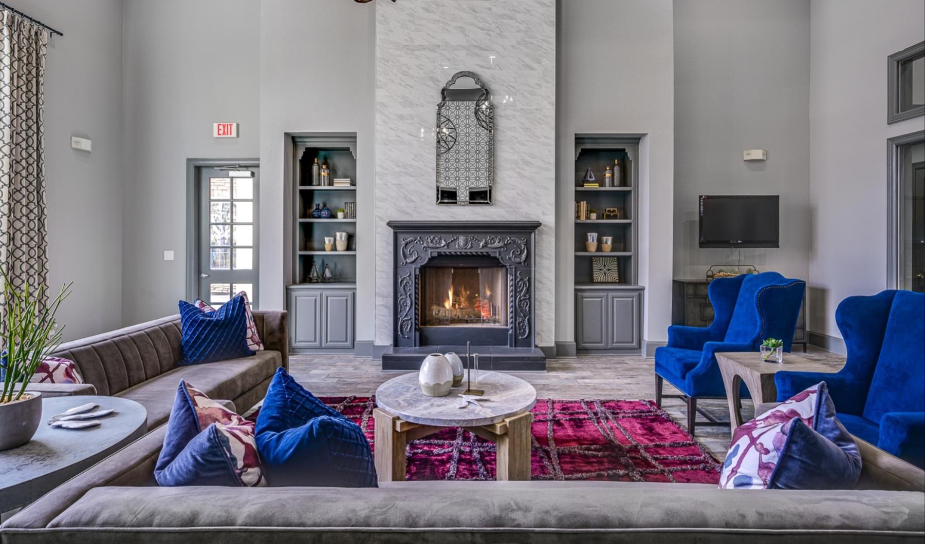 a living room with a fireplace
